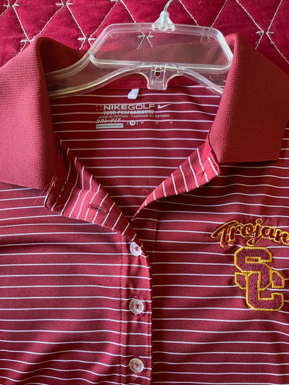 Nike GOLF USC Trojans Garnet & White Stripe Polo - Women’s: Medium.